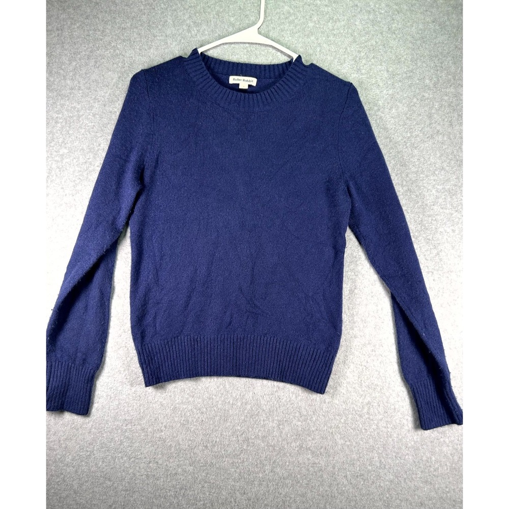 Roller Rabbit Sweater Womens Small Navy Blue Wool Tight Knit Ribbed Trim Winter